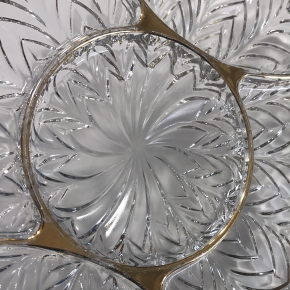 Vintage JEANETTE Glass Oval Gold Trim Divided Serving Tray with Handles - Picture 10 of 11